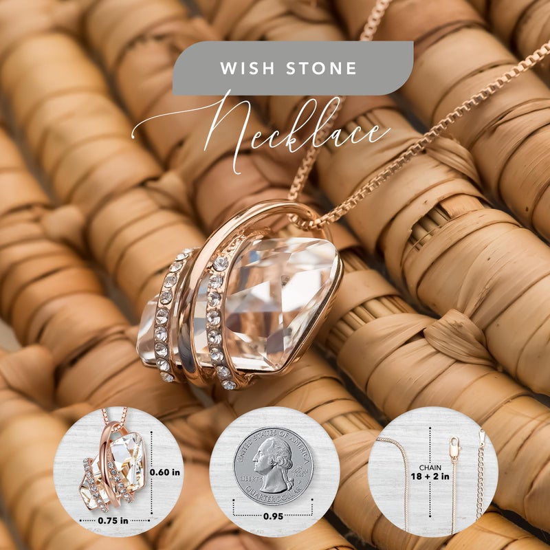 Leafael Wish Stone Pendant Necklace with Crystal White Birthstone Crystal for April, 18K Rose Gold Plated, 18" + 2" Chain - Image 3